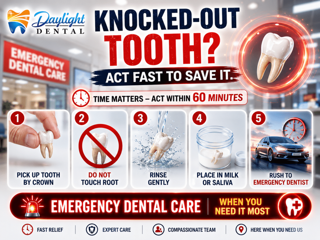Knocked-out tooth emergency guide: save the tooth in 60 minutes. Step-by-step dental first aid from Daylight Dental for urgent care.